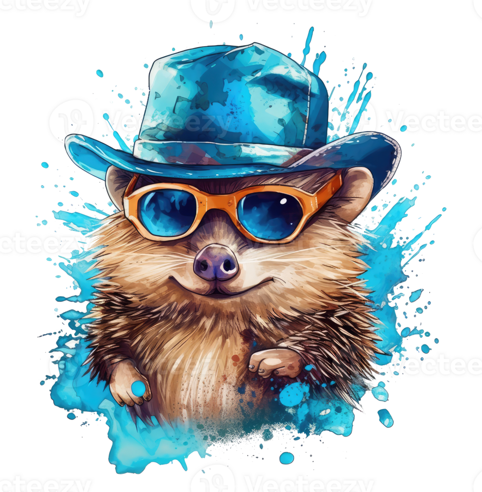 Watercolor funny Hedgehog wearing sunglasses . png