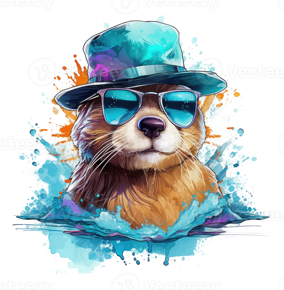 Watercolor funny otter wearing sunglasses . png