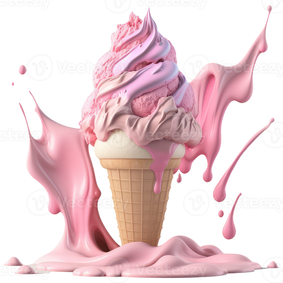 Ice Cream Cone Filled with Vanilla, Chocolate and Strawberry . png