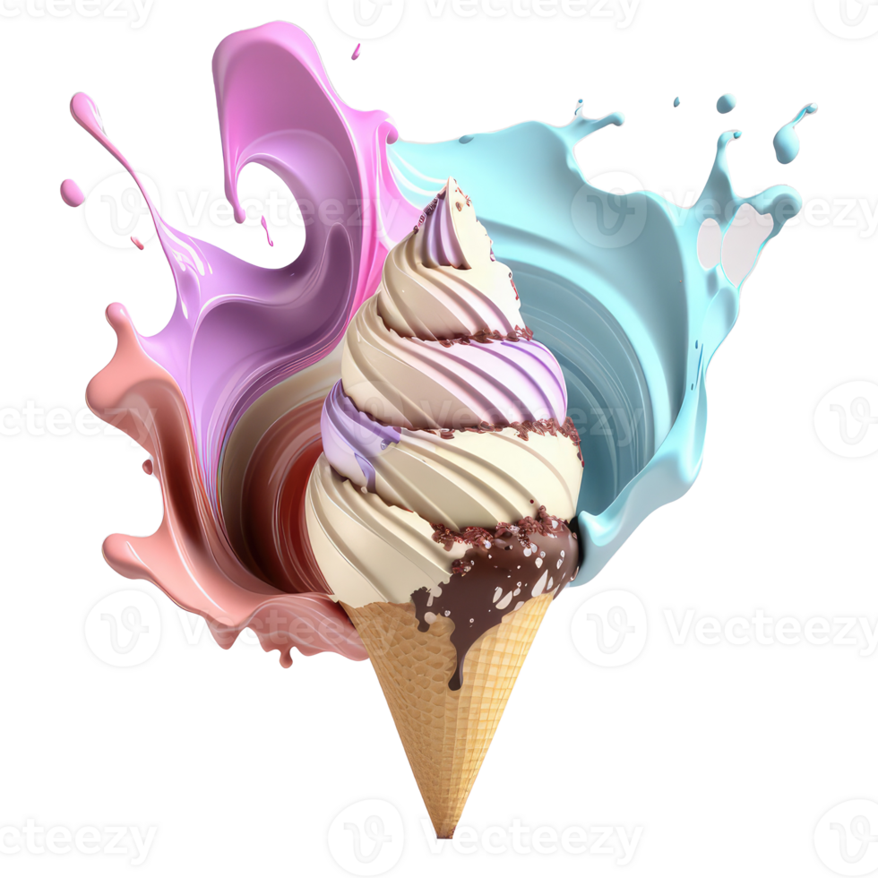 Ice Cream Cone Filled with Vanilla, Chocolate and Strawberry . png