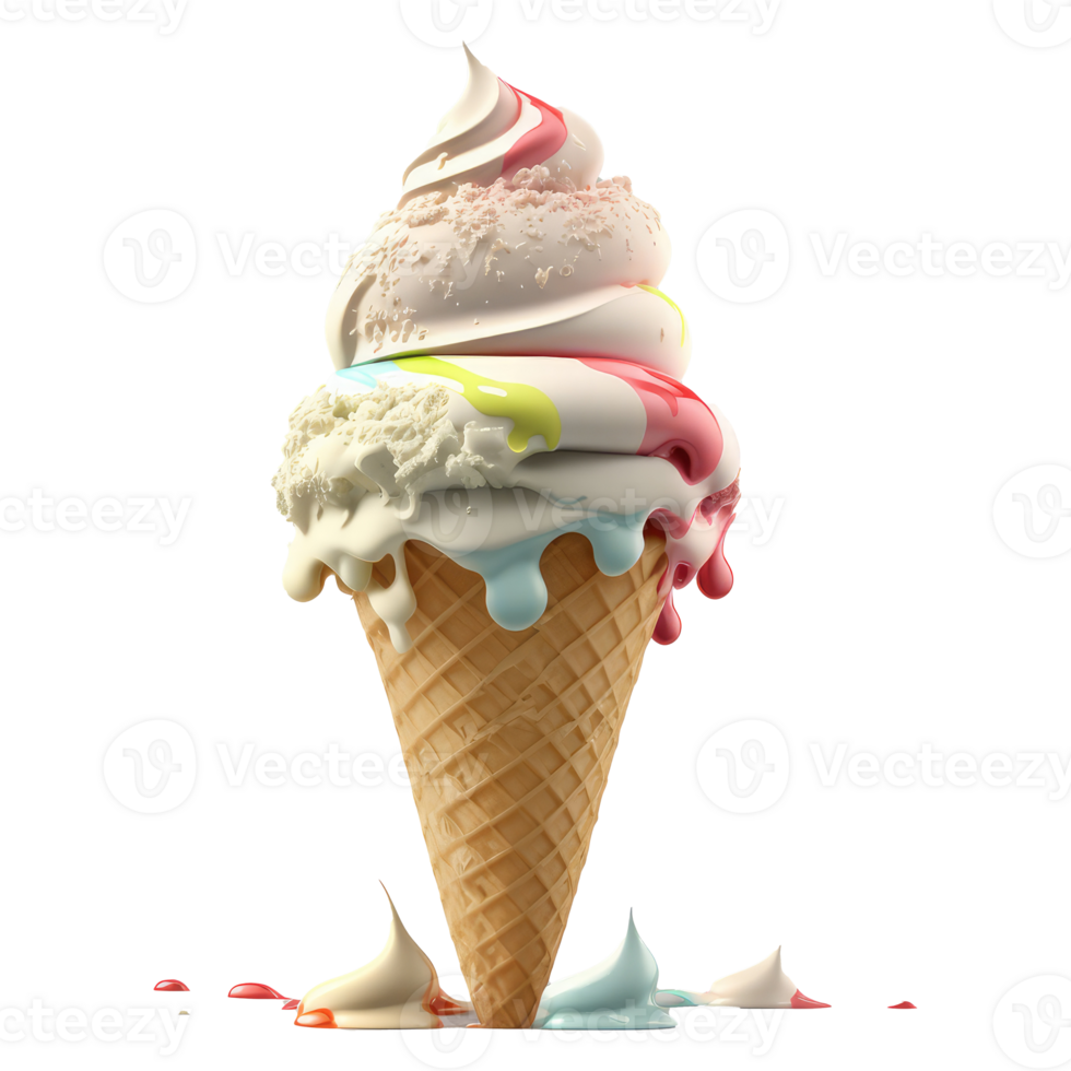 Ice Cream Cone Filled with Vanilla, Chocolate and Strawberry . png