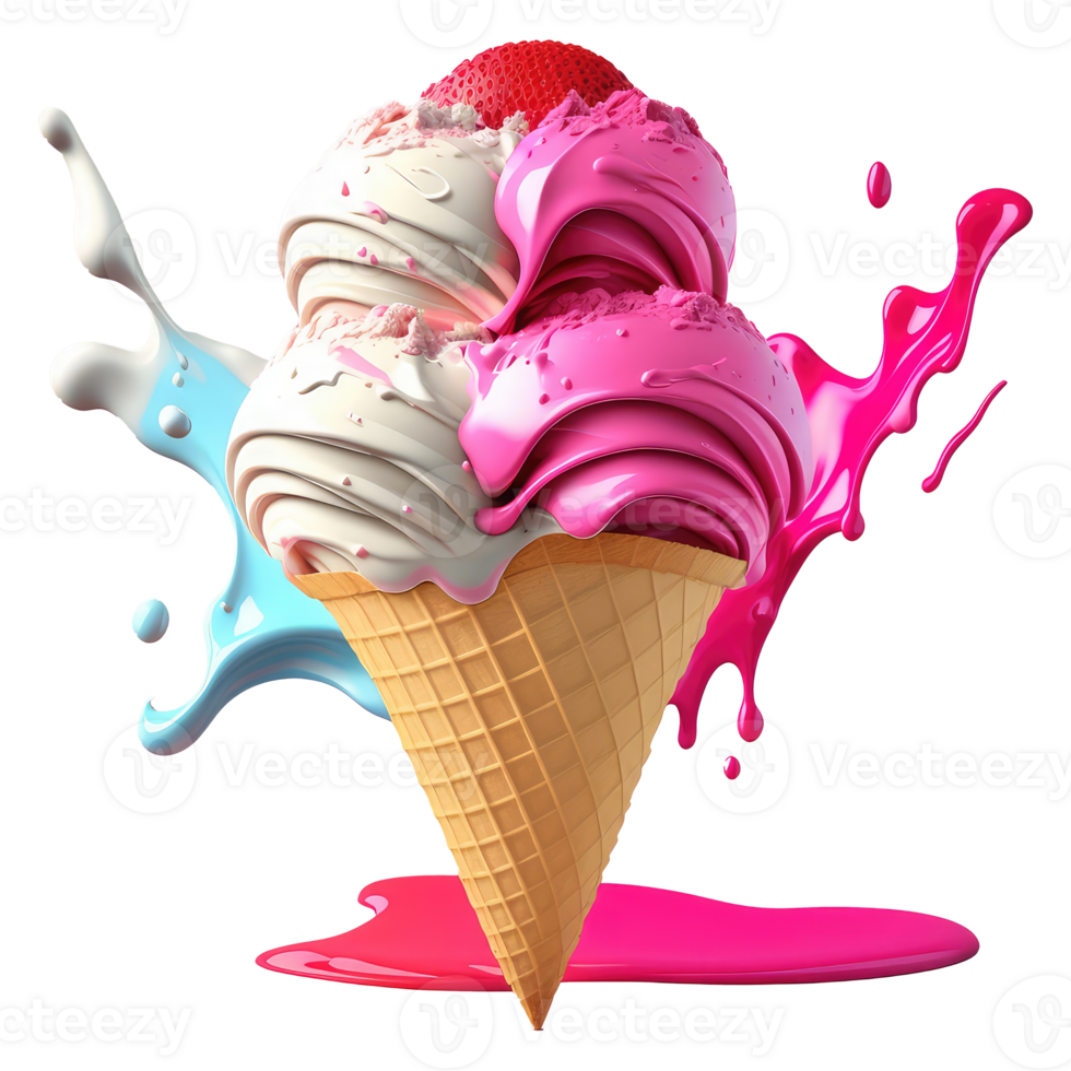 Ice Cream Cone Filled with Vanilla, Chocolate and Strawberry . png