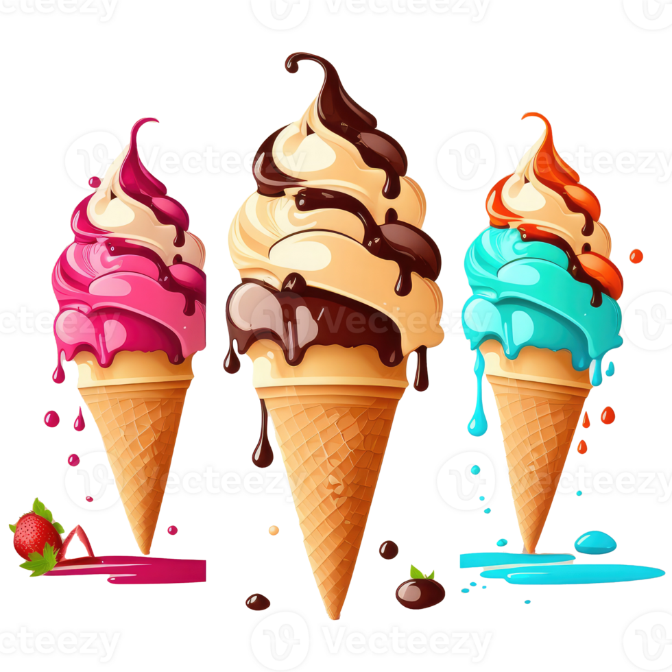 Ice Cream Cone Filled with Vanilla, Chocolate and Strawberry . png