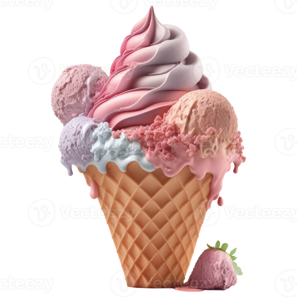 Ice Cream Cone Filled with Vanilla, Chocolate and Strawberry . png