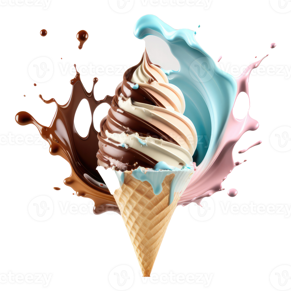 Ice Cream Cone Filled with Vanilla, Chocolate and Strawberry . png