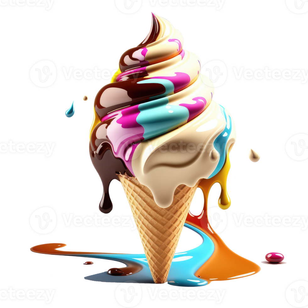 Ice Cream Cone Filled with Vanilla, Chocolate and Strawberry . png