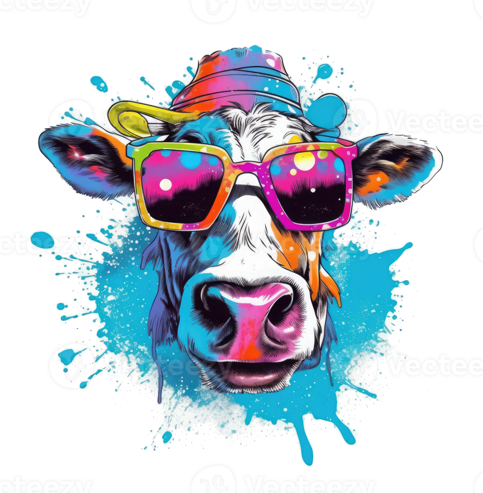 Watercolor funny cow wearing sunglasses . png