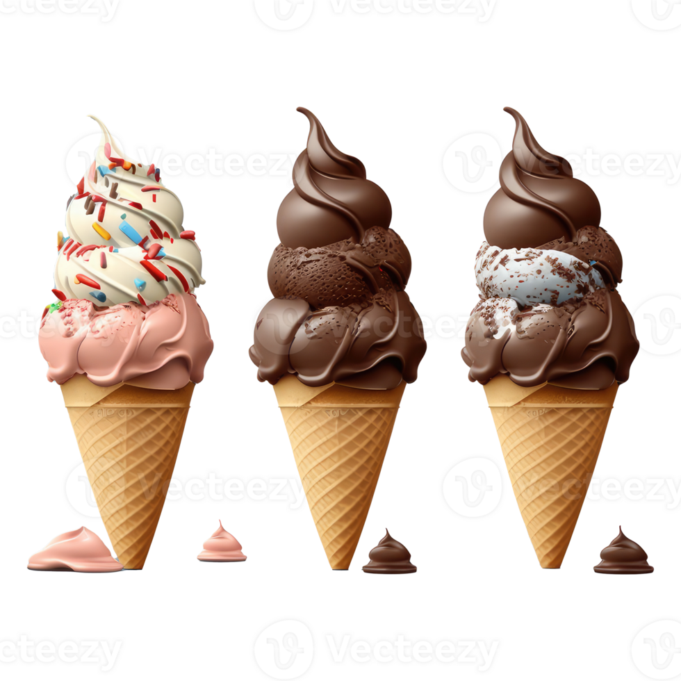 Ice Cream Cone Filled with Vanilla, Chocolate and Strawberry . png