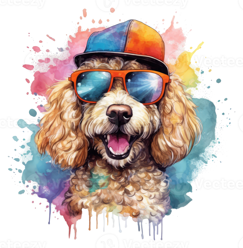 Watercolor funny Poodle puppy dog wearing sunglasses . png