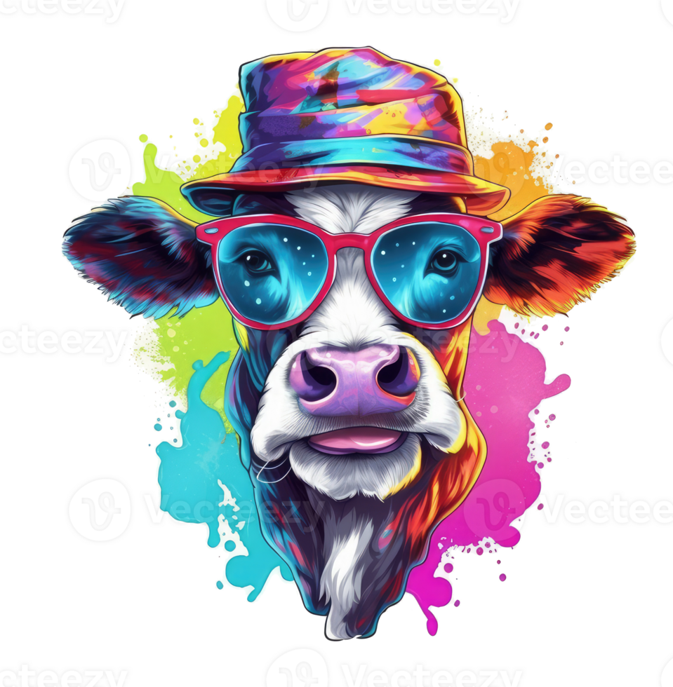 Watercolor funny cow wearing sunglasses . png