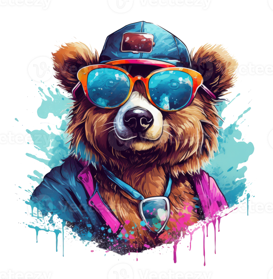 Watercolor funny grizzly Bear wearing sunglasses . png