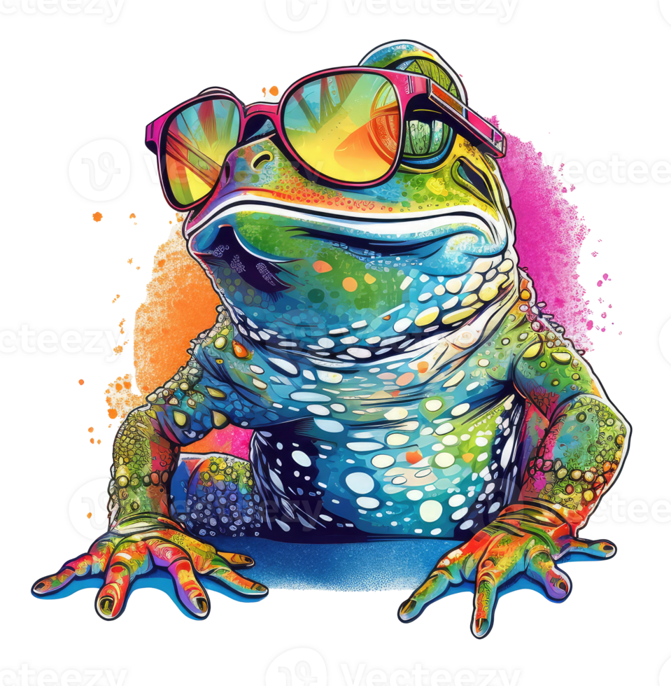 Watercolor funny frog wearing sunglasses . png