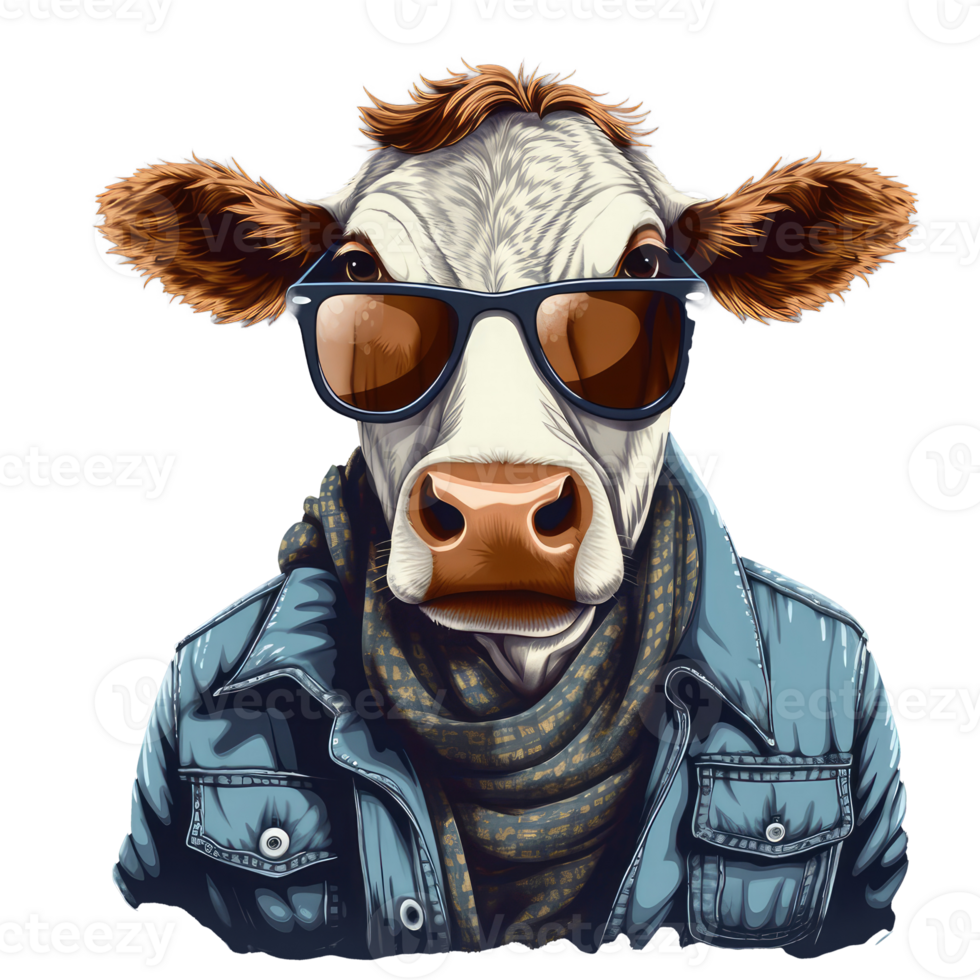 Watercolor funny cow wearing glasses . png