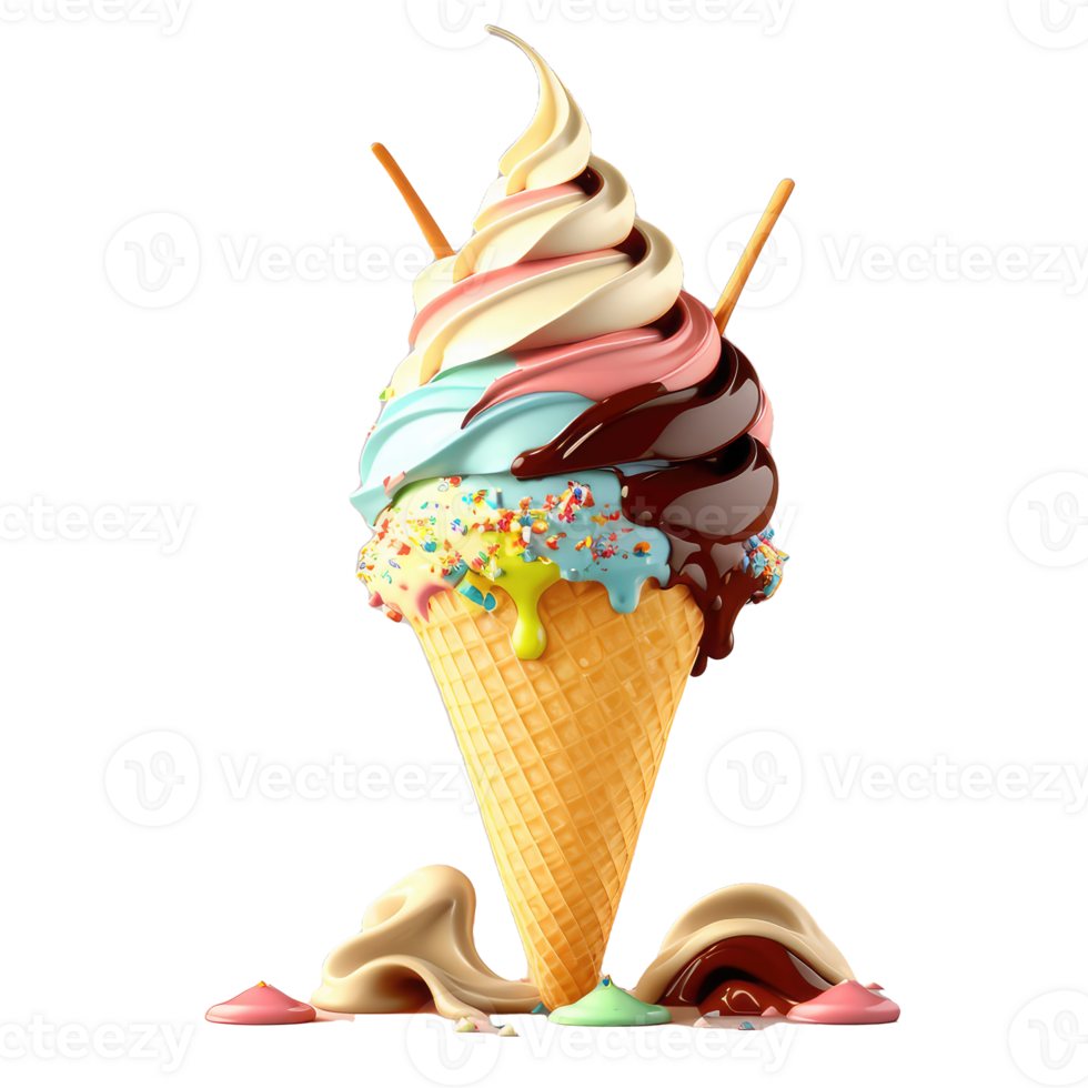 Ice Cream Cone Filled with Vanilla, Chocolate and Strawberry . png
