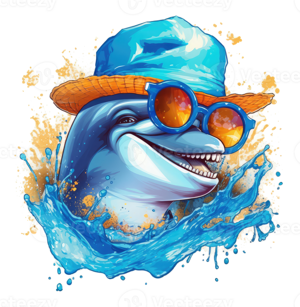 Watercolor funny dolphin wearing sunglasses . png