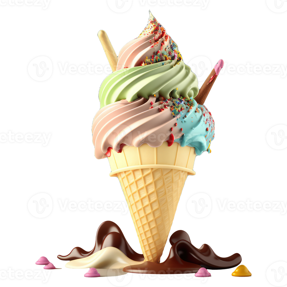 Ice Cream Cone Filled with Vanilla, Chocolate and Strawberry . png