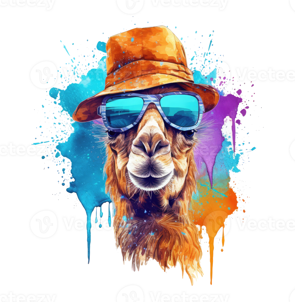 Watercolor funny camel wearing sunglasses . png