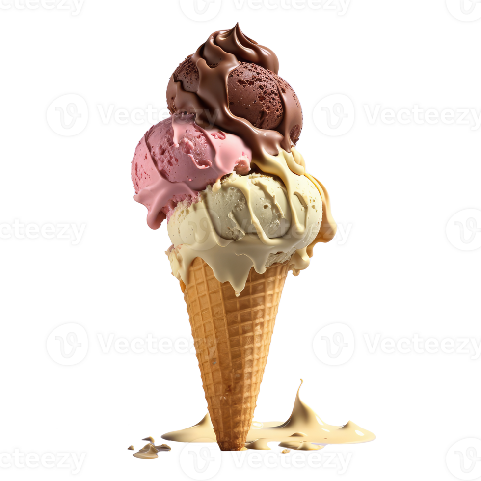 Ice Cream Cone Filled with Vanilla, Chocolate and Strawberry . png