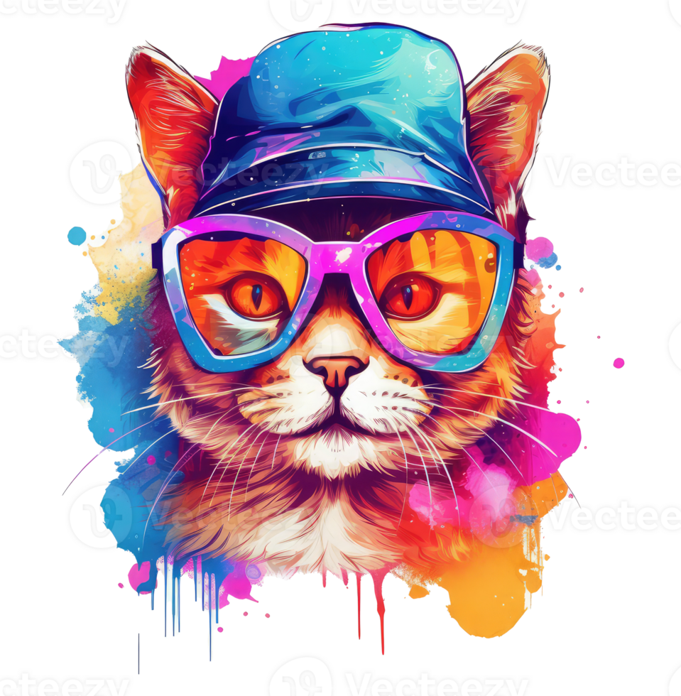 Watercolor funny cat wearing sunglasses . png