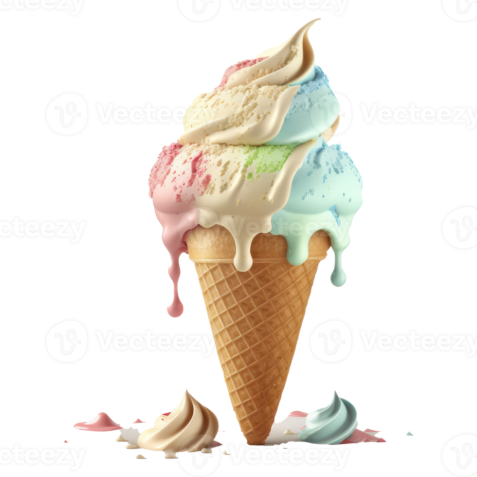 Ice Cream Cone Filled with Vanilla, Chocolate and Strawberry . png