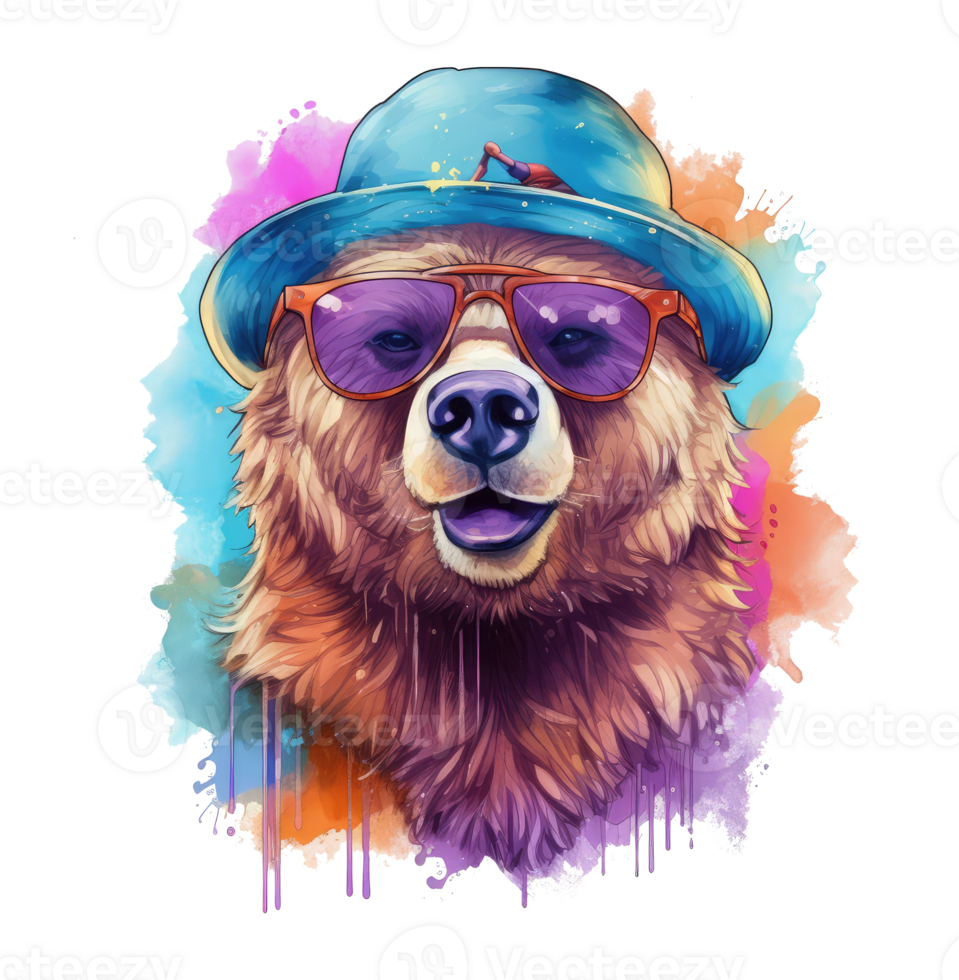 Watercolor funny grizzly Bear wearing sunglasses . png