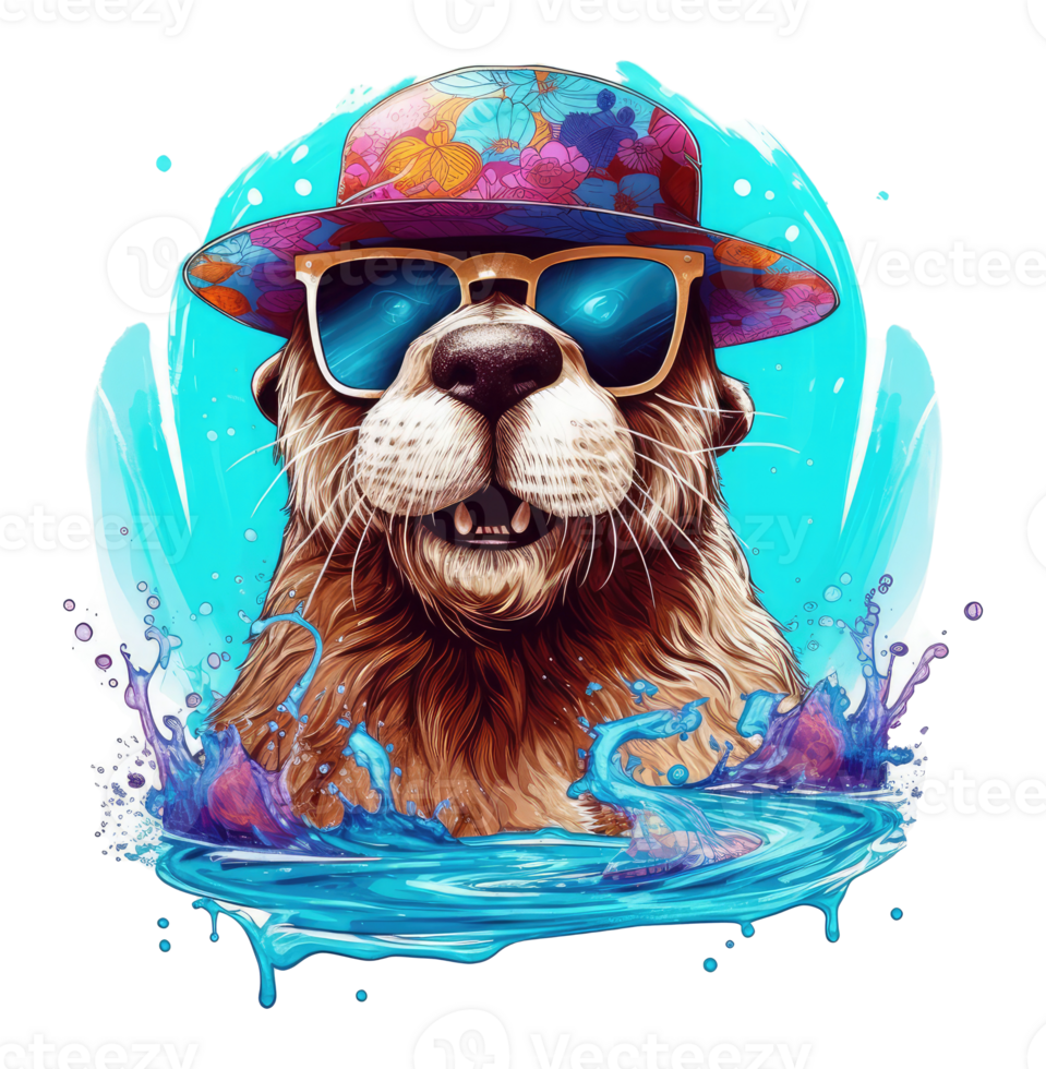 Watercolor funny otter wearing sunglasses . png