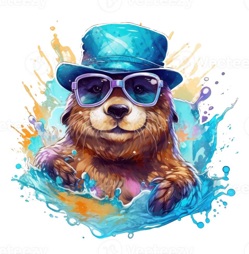 Watercolor funny otter wearing sunglasses . png