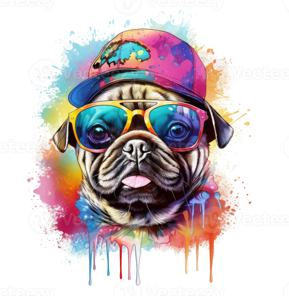 Watercolor funny Pug dog wearing sunglasses . png