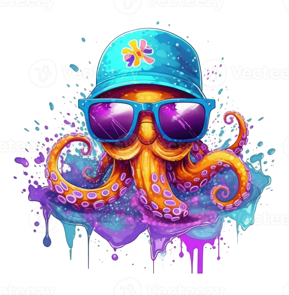 Watercolor funny Octopus wearing sunglasses . png