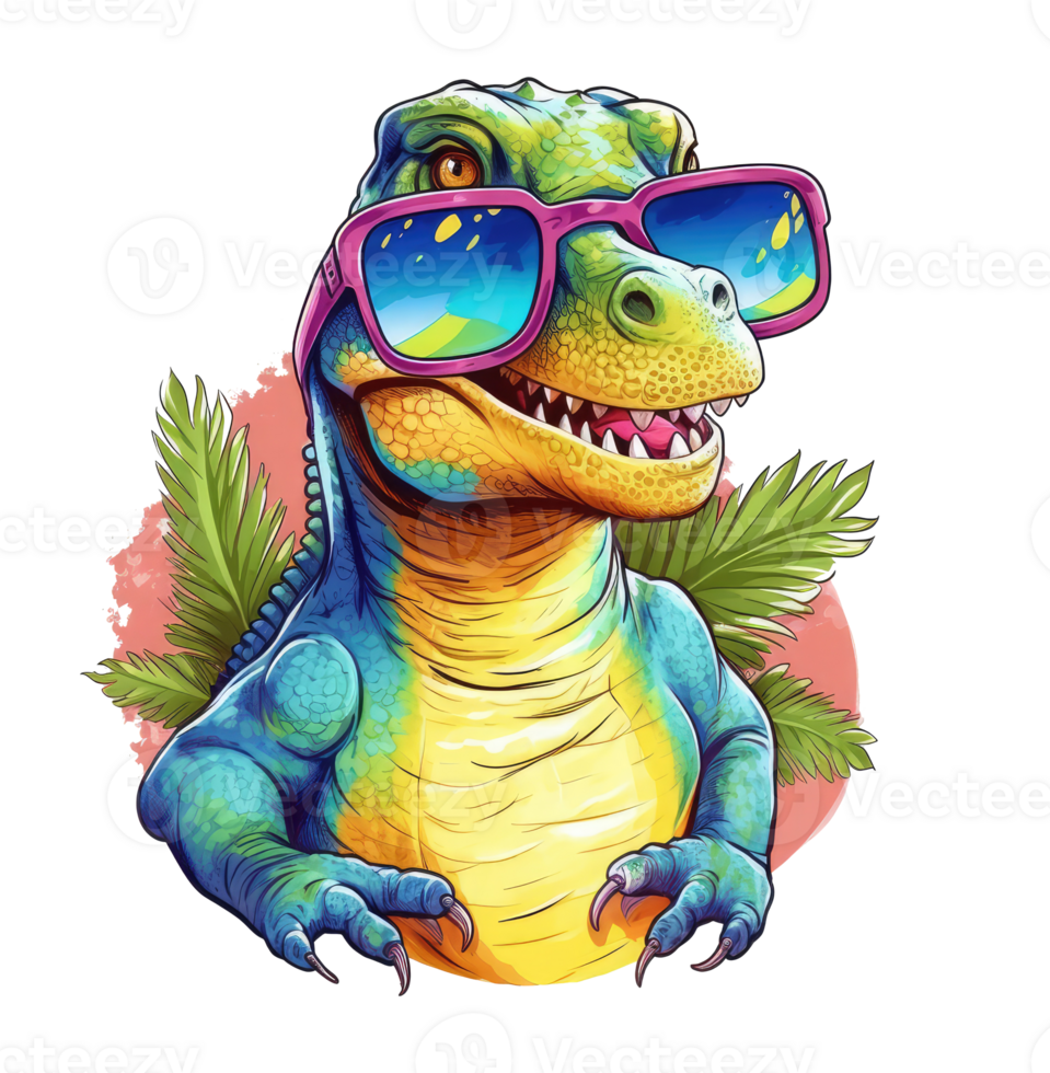 Watercolor funny tyrannosaurus rex wearing sunglasses . png