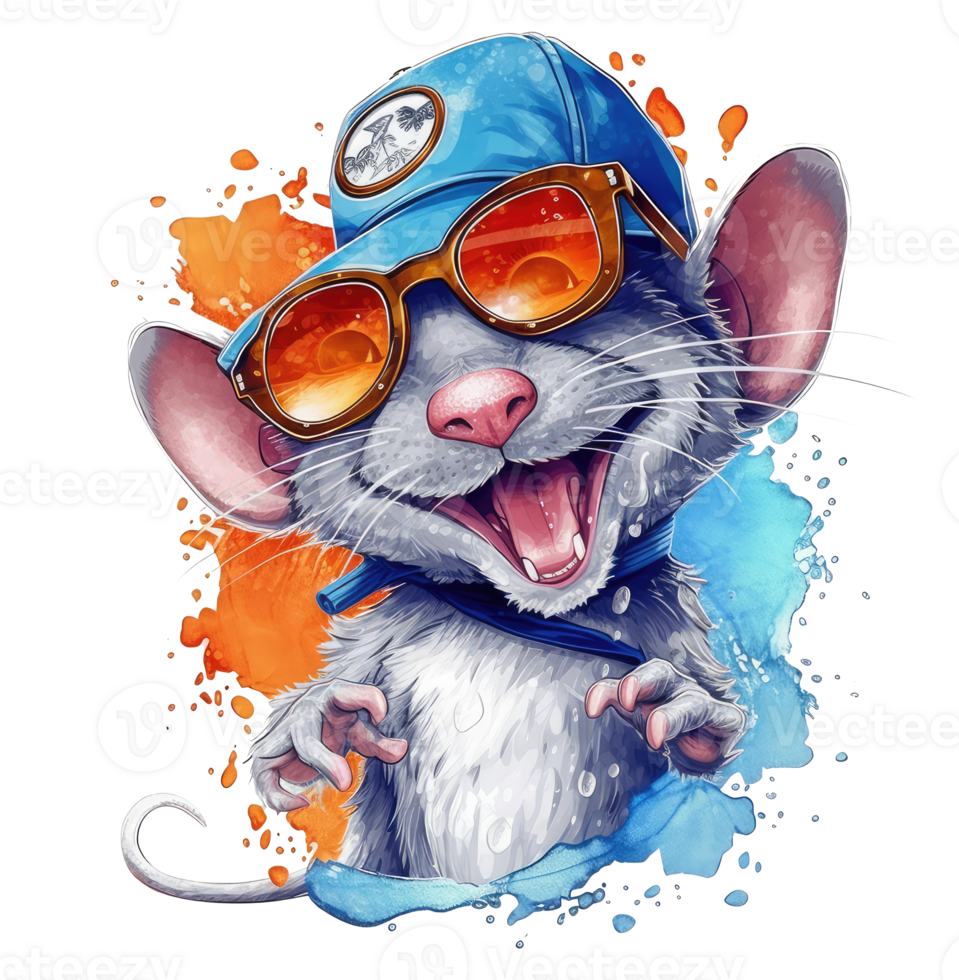 Watercolor funny rat wearing sunglasses . png