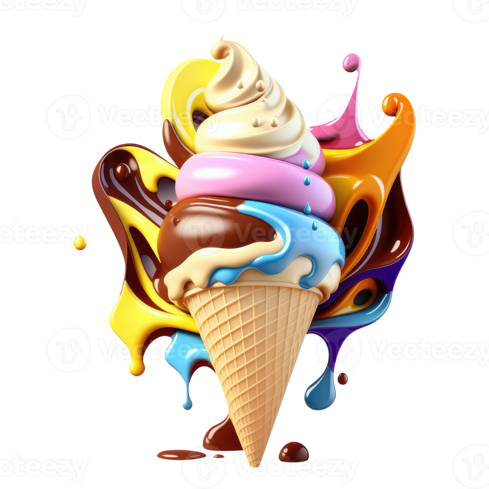 Ice Cream Cone Filled with Vanilla, Chocolate and Strawberry . png