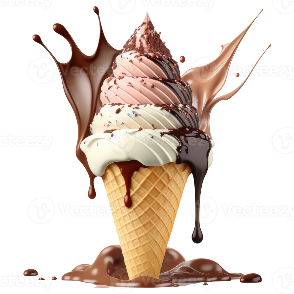 Ice Cream Cone Filled with Vanilla, Chocolate and Strawberry . png