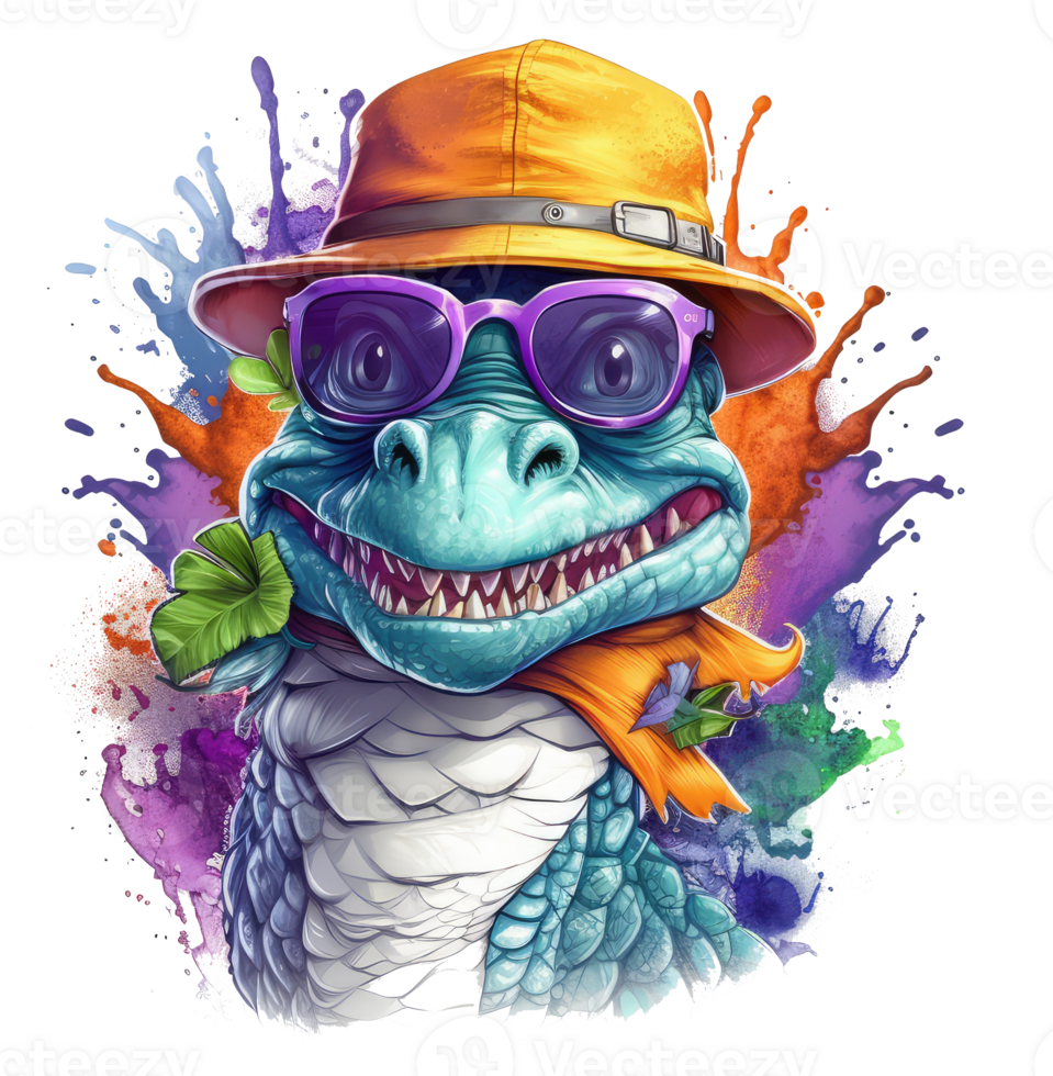 Watercolor funny dragon wearing sunglasses . png