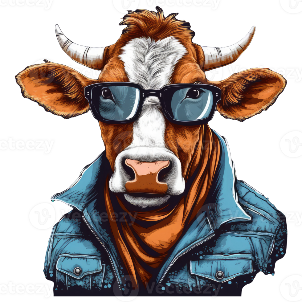 Watercolor funny cow wearing glasses . png