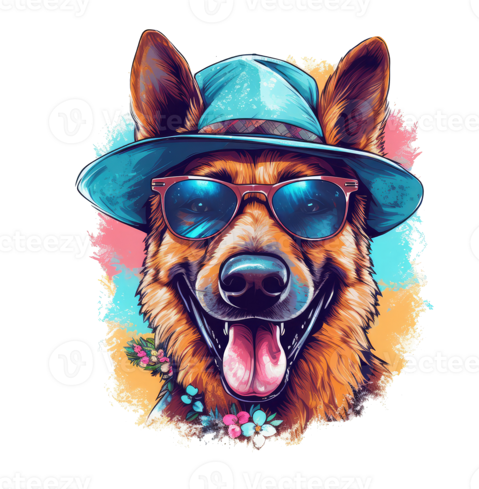 Watercolor funny German Shepherd dog wearing sunglasses . png