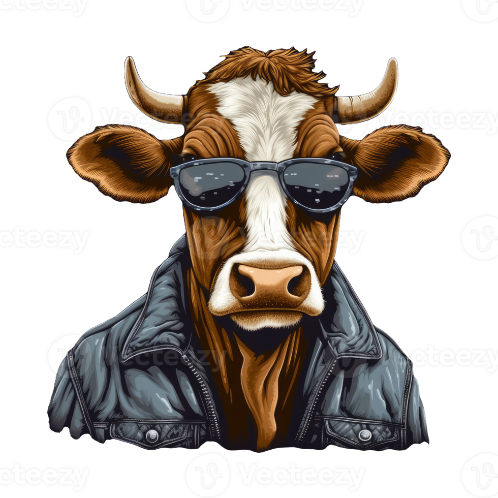 Watercolor funny cow wearing glasses . png