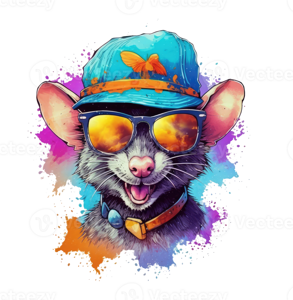 Watercolor funny rat wearing sunglasses . png