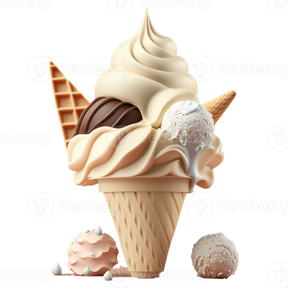 Ice Cream Cone Filled with Vanilla, Chocolate and Strawberry . png