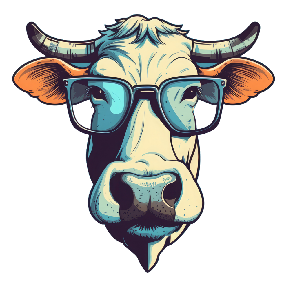 Watercolor funny cow wearing glasses . png