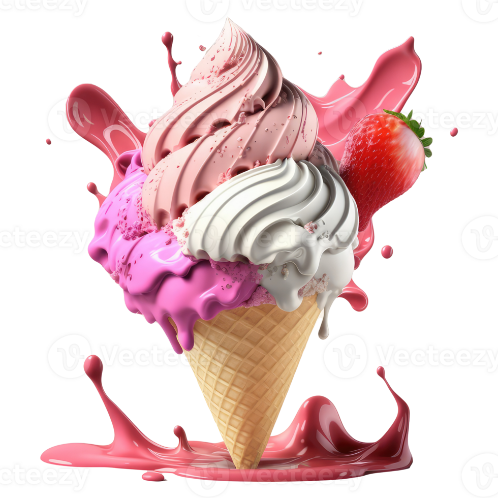 ghiaccio crema cono pieno con vaniglia, cioccolato e fragola . ai generato png