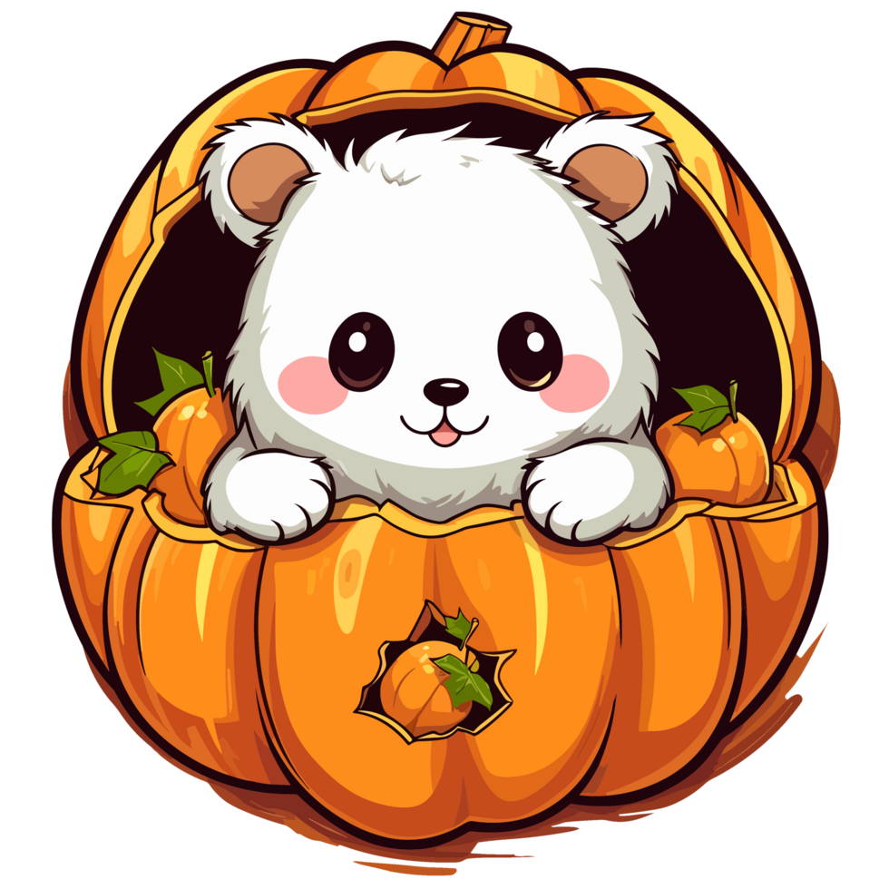 Teddy Bear Peeking Out From Halloween Pumpkin - png