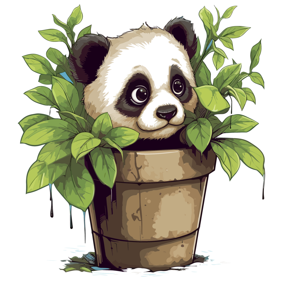 Adorable Panda Peeking Out From Plant - png