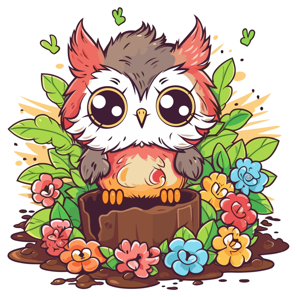 Kawaii Owl In Garden - png