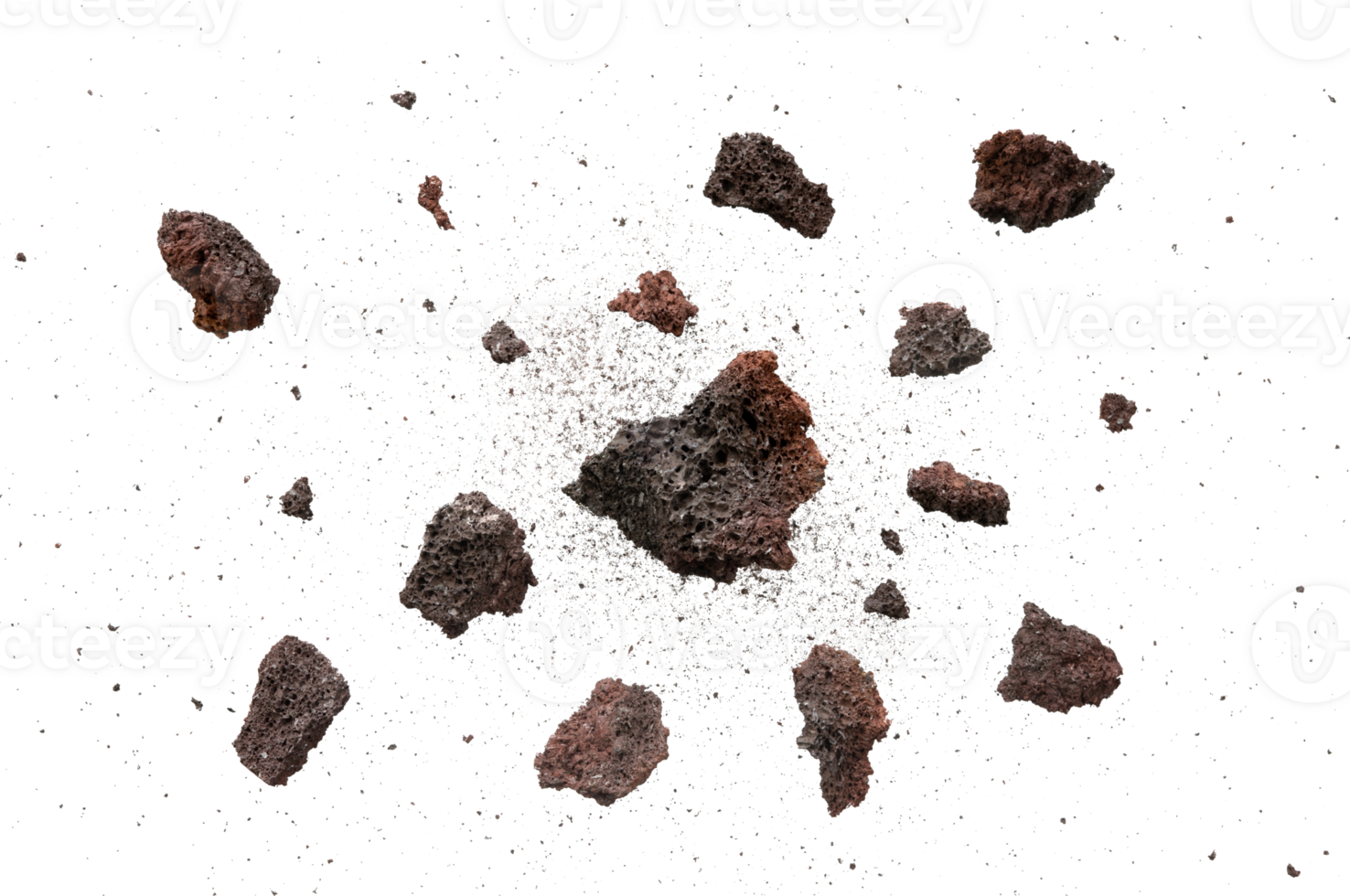 explosion of rocks and stones with dust isolated png