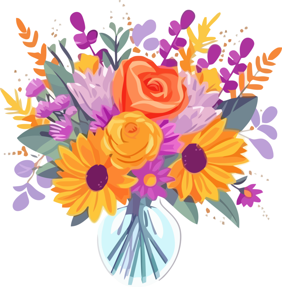 Flower arrangement or bouquet colorful summer flowers for invitation, greeting card, poster, frame, wedding, decoration png