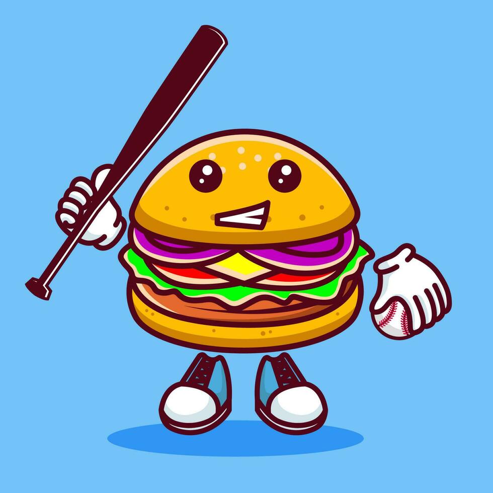 Vector illustration of kawaii burger cartoon character with baseball bat and ball. Vector eps 10