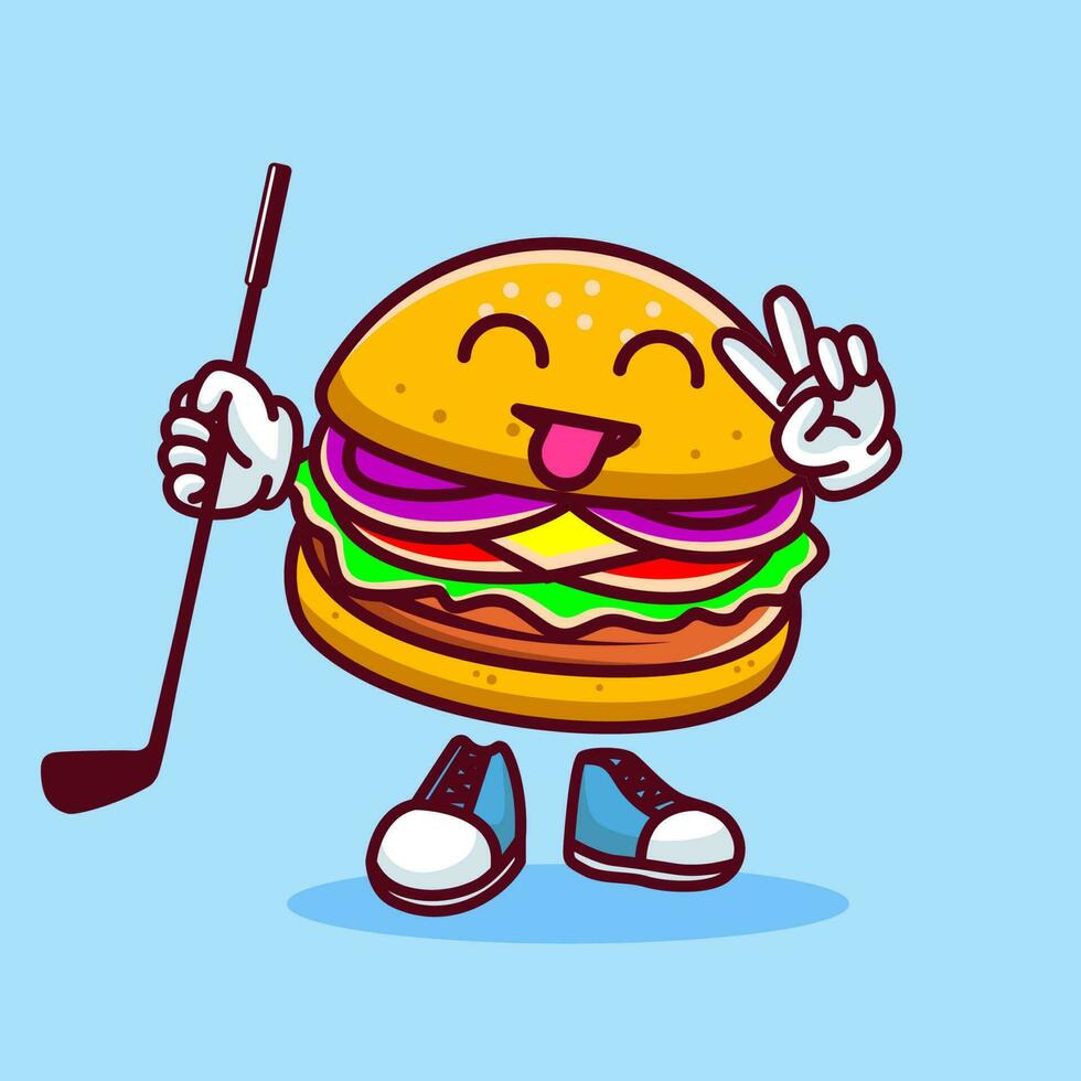 Vector illustration of kawaii burger cartoon character with stick golf and ball. Vector eps 10