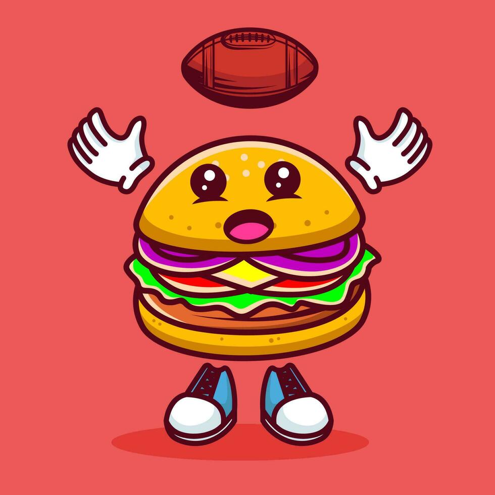 Vector illustration of kawaii burger cartoon character with american football. Vector eps 10