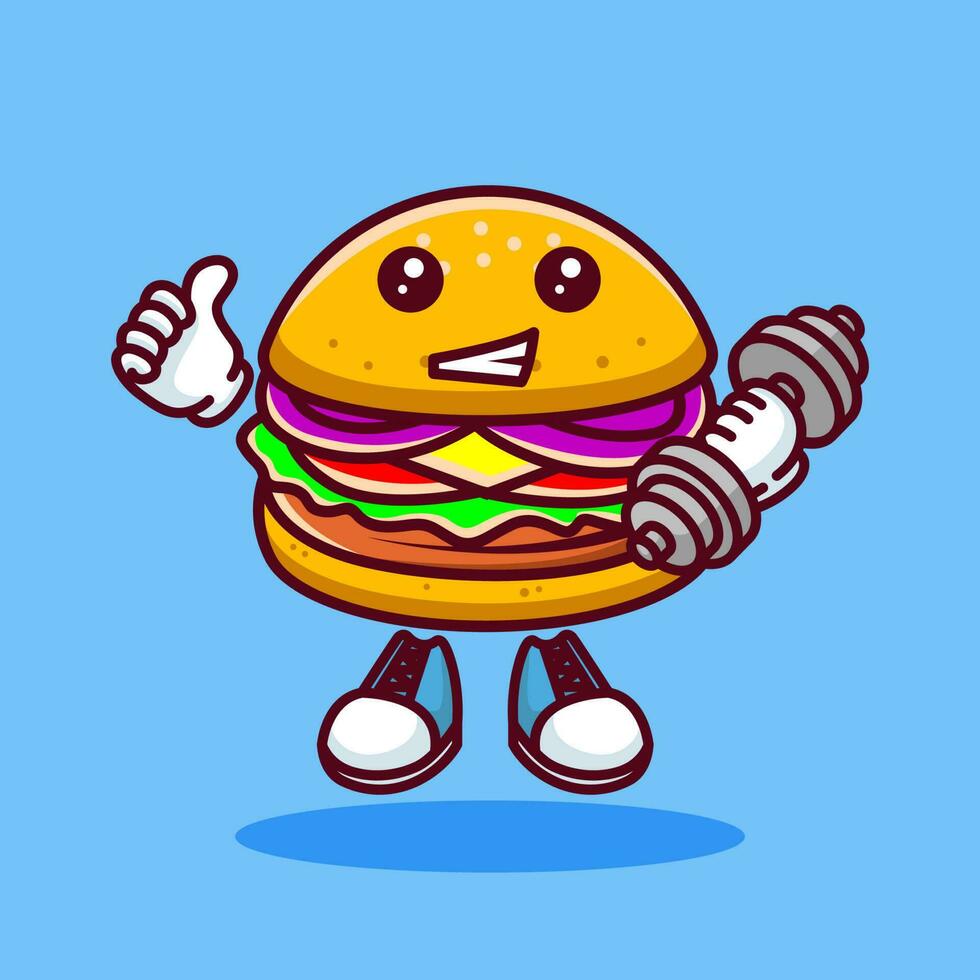 Vector illustration of kawaii burger cartoon character with barbell. Vector eps 10